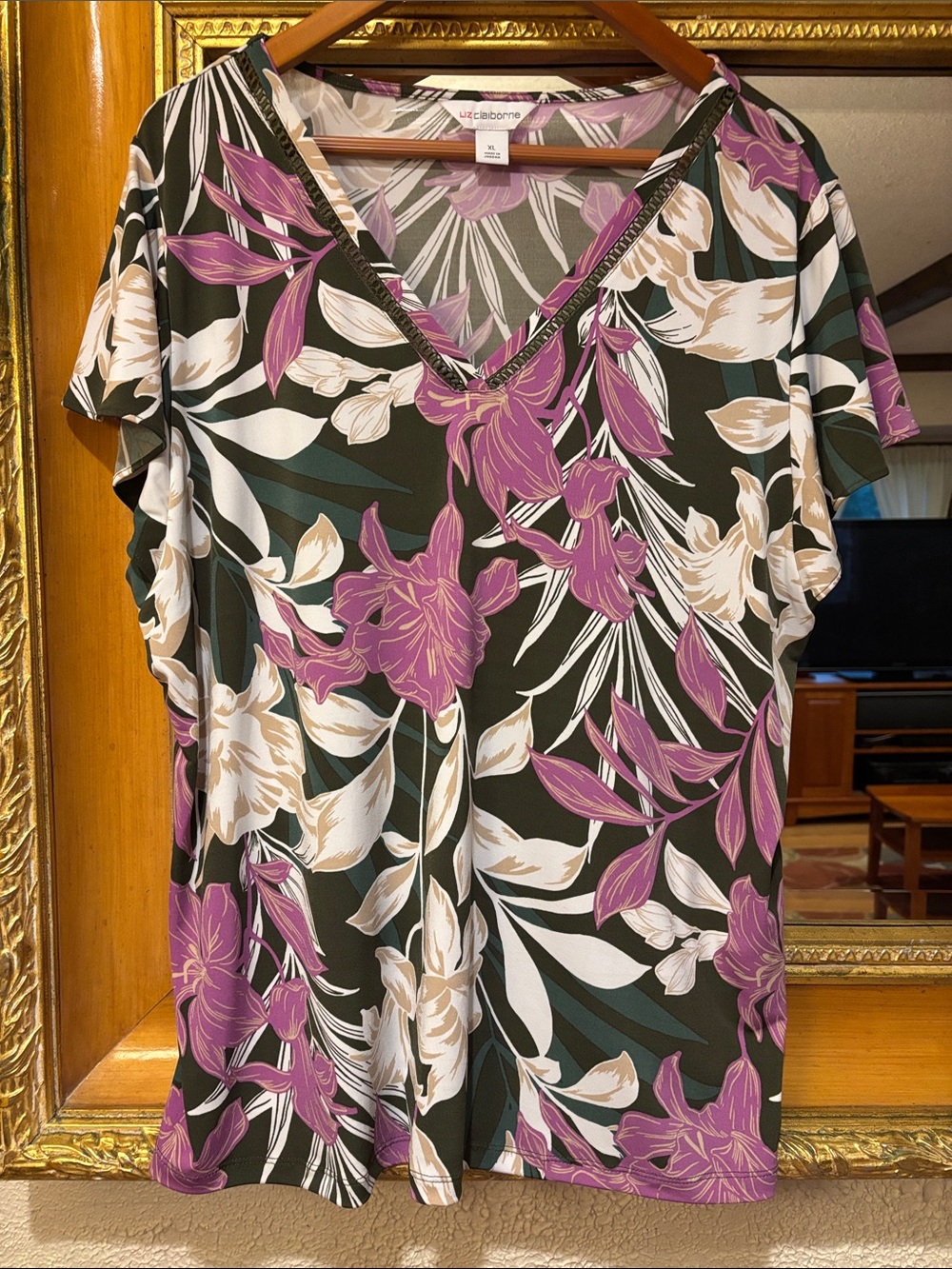 Liz Claiborne Green & Purple Floral Top - Size XL